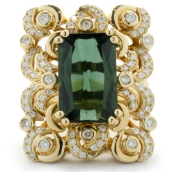 18 Karat Yellow Gold Ornate Green Tourmaline and Diamond Rectangular Cocktail Ring