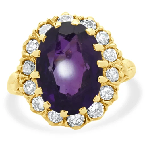 10 Karat Yellow Gold Oval Amethyst and Diamond Cocktail Ring
