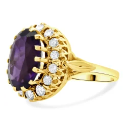 10 Karat Yellow Gold Oval Amethyst and Diamond Cocktail Ring