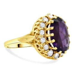 10 Karat Yellow Gold Oval Amethyst and Diamond Cocktail Ring