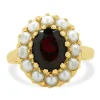 14 Karat Yellow Gold Oval Garnet and Pearl Halo Ring