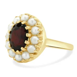 14 Karat Yellow Gold Oval Garnet and Pearl Halo Ring