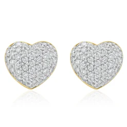 14 Karat Yellow Gold Pave Diamond Heart Stud Earrings