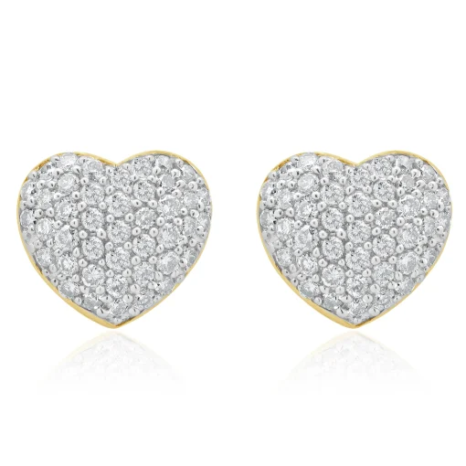 14 Karat Yellow Gold Pave Diamond Heart Stud Earrings