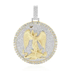 14 Karat Yellow Gold Pave Diamond Saint Michael the Archangel Slaying the Dragon Pendant