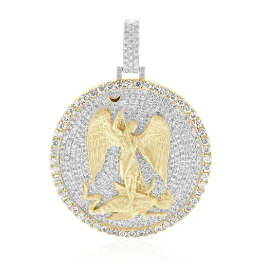 14 Karat Yellow Gold Pave Diamond Saint Michael the Archangel Slaying the Dragon Pendant