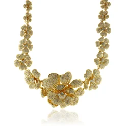 18 Karat Yellow Gold Pave Diamond Flower Link Collar Necklace