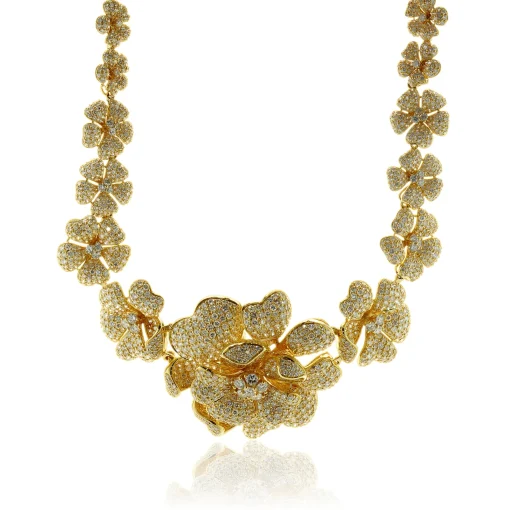 18 Karat Yellow Gold Pave Diamond Flower Link Collar Necklace