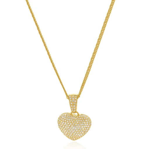 18 Karat Yellow Gold Pave Diamond Puffed Heart Necklace