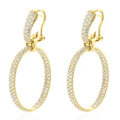 18 Karat Yellow Gold Pave Diamond Oval Inside Outside Hoop Earrings