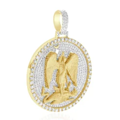 14 Karat Yellow Gold Pave Diamond Saint Michael the Archangel Slaying the Dragon Pendant