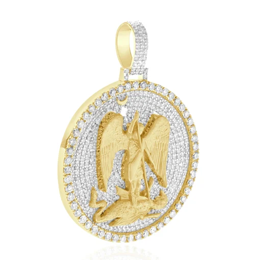 14 Karat Yellow Gold Pave Diamond Saint Michael the Archangel Slaying the Dragon Pendant