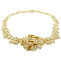18 Karat Yellow Gold Pave Diamond Flower Link Collar Necklace