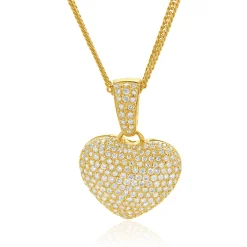 18 Karat Yellow Gold Pave Diamond Puffed Heart Necklace