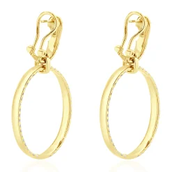 18 Karat Yellow Gold Pave Diamond Oval Inside Outside Hoop Earrings