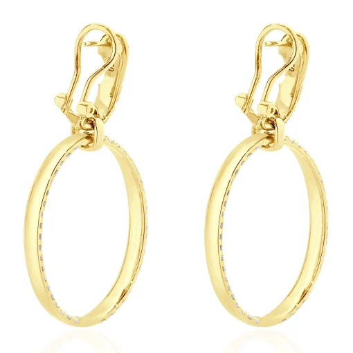 18 Karat Yellow Gold Pave Diamond Oval Inside Outside Hoop Earrings