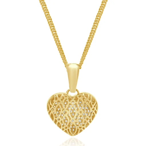 18 Karat Yellow Gold Pave Diamond Puffed Heart Necklace