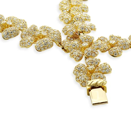 18 Karat Yellow Gold Pave Diamond Flower Link Collar Necklace