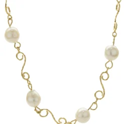 18 Karat Yellow Gold Pearl Station Necklace with Ornate Link