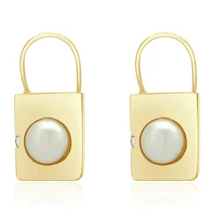 14 Karat Yellow Gold Pearl and Diamond Padlock Earrings
