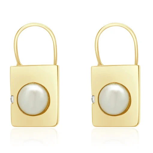 14 Karat Yellow Gold Pearl and Diamond Padlock Earrings