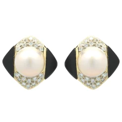 14 Karat Yellow Gold Pearl, Diamond and Black Onyx Earrings