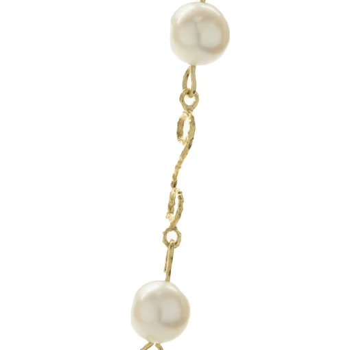 18 Karat Yellow Gold Pearl Station Necklace with Ornate Link