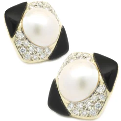 14 Karat Yellow Gold Pearl, Diamond and Black Onyx Earrings