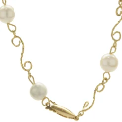 18 Karat Yellow Gold Pearl Station Necklace with Ornate Link