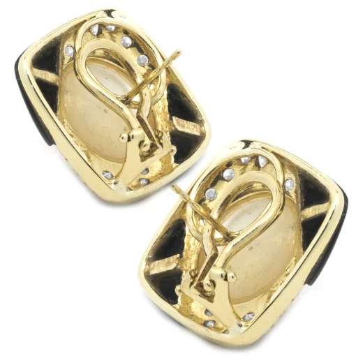 14 Karat Yellow Gold Pearl, Diamond and Black Onyx Earrings