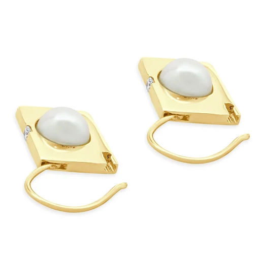 14 Karat Yellow Gold Pearl and Diamond Padlock Earrings