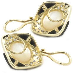 14 Karat Yellow Gold Pearl, Diamond and Black Onyx Earrings