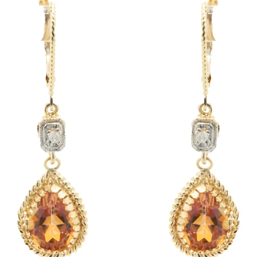 14 Karat Yellow Gold Pink Mystic Topaz and Diamond Drop Earrings