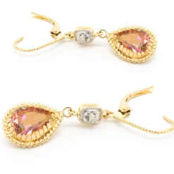 14 Karat Yellow Gold Pink Mystic Topaz and Diamond Drop Earrings