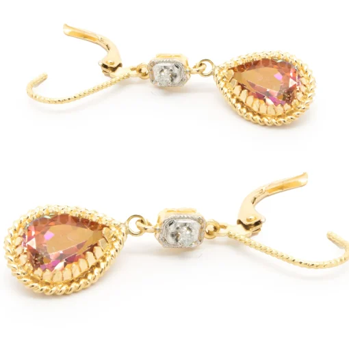 14 Karat Yellow Gold Pink Mystic Topaz and Diamond Drop Earrings