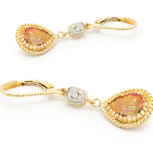 14 Karat Yellow Gold Pink Mystic Topaz and Diamond Drop Earrings