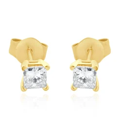 14 Karat Yellow Gold Princess Cut Diamond Stud Earrings