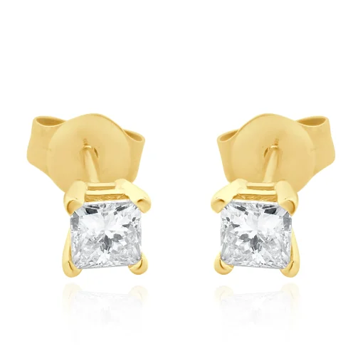 14 Karat Yellow Gold Princess Cut Diamond Stud Earrings