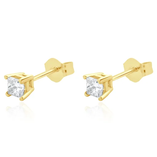 14 Karat Yellow Gold Princess Cut Diamond Stud Earrings