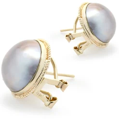 14 Karat Yellow Gold Purple Mabe Pearl Stud Earrings