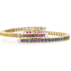 18 Karat Yellow Gold Rainbow Sapphire and Diamond Bypass Bracelet