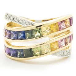 18 Karat Yellow Gold Rainbow Sapphire and Diamond Bypass Ring