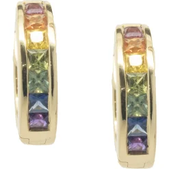 18 Karat Yellow Gold Rainbow Sapphire Huggie Hoop Earrings