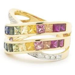 18 Karat Yellow Gold Rainbow Sapphire and Diamond Bypass Ring
