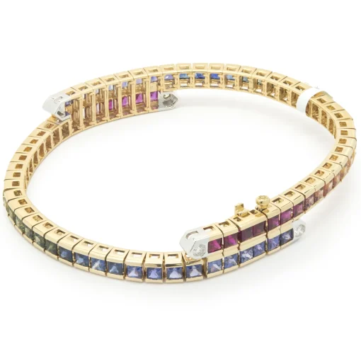 18 Karat Yellow Gold Rainbow Sapphire and Diamond Bypass Bracelet