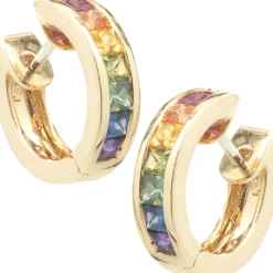 18 Karat Yellow Gold Rainbow Sapphire Huggie Hoop Earrings