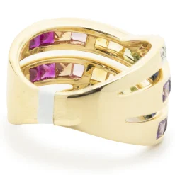 18 Karat Yellow Gold Rainbow Sapphire and Diamond Bypass Ring