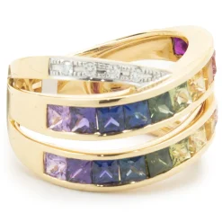 18 Karat Yellow Gold Rainbow Sapphire and Diamond Bypass Ring
