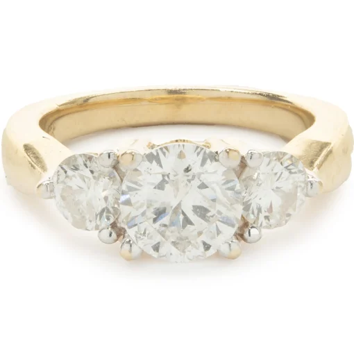 14 Karat Yellow Gold Round Brilliant Cut Diamond Three Stone Engagement Ring