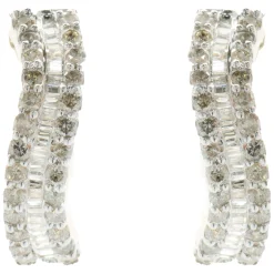 14 Karat Yellow Gold Round and Baguette Diamond Wave Hoop Earrings